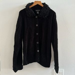 90s Black Velvet Knit Long Sleeve Cardigan, Looped Collar, Size XL